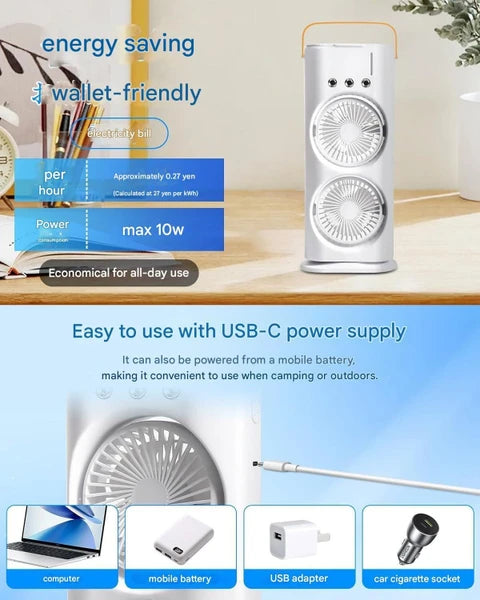 USB Rechargeable Dual Fan Air Cooler with Mist Spray – Portable Mini Cooling Fan