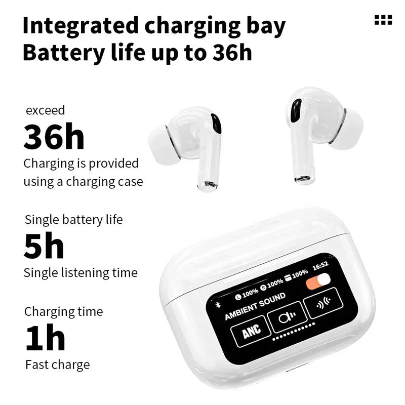A9 Screen Airbuds with ANC & ENC – Smart Touchscreen Wireless Earbuds