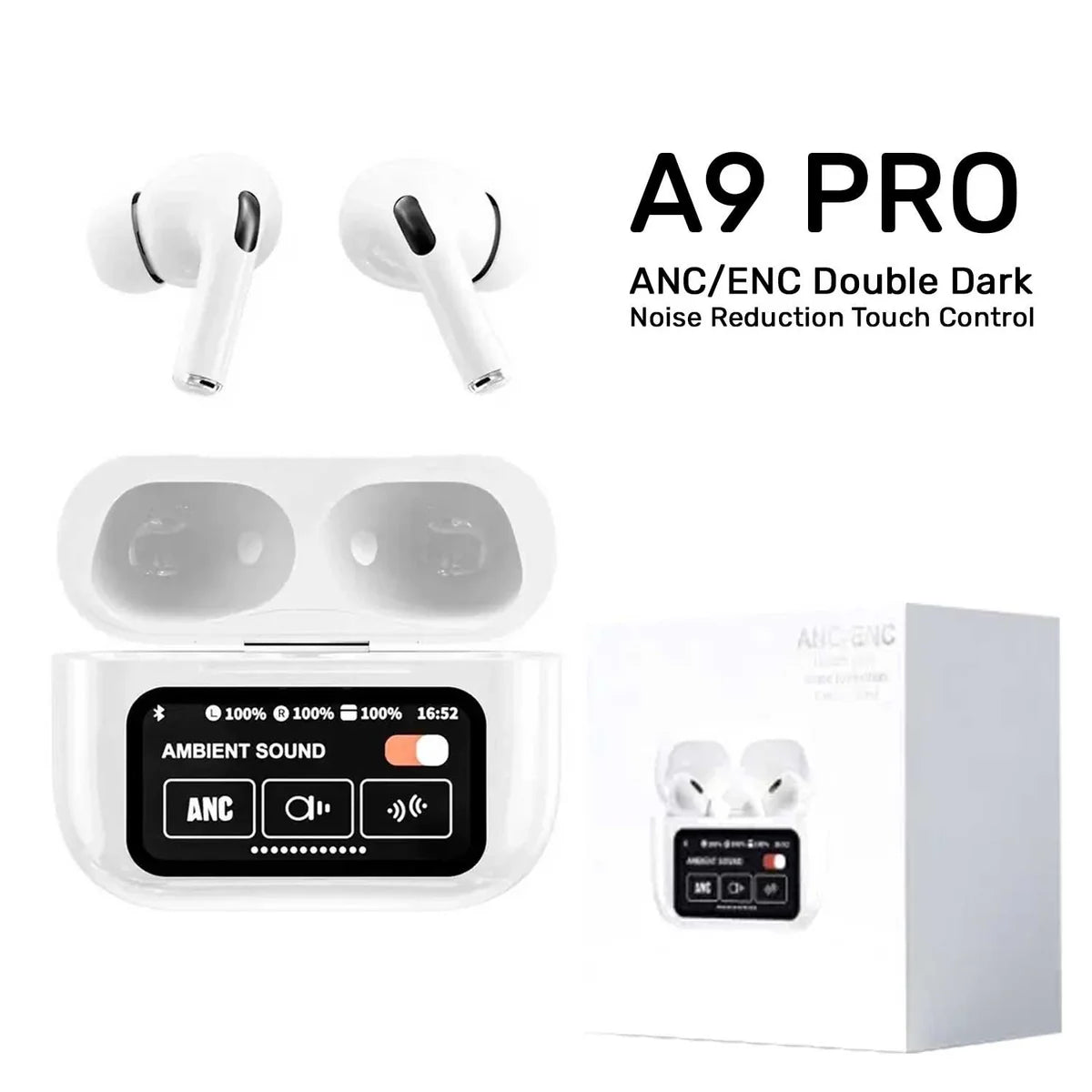A9 Screen Airbuds with ANC & ENC – Smart Touchscreen Wireless Earbuds