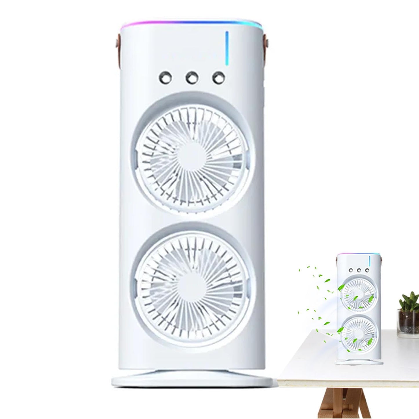 USB Rechargeable Dual Fan Air Cooler with Mist Spray – Portable Mini Cooling Fan