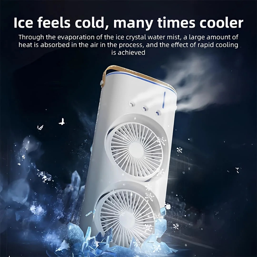 USB Rechargeable Dual Fan Air Cooler with Mist Spray – Portable Mini Cooling Fan